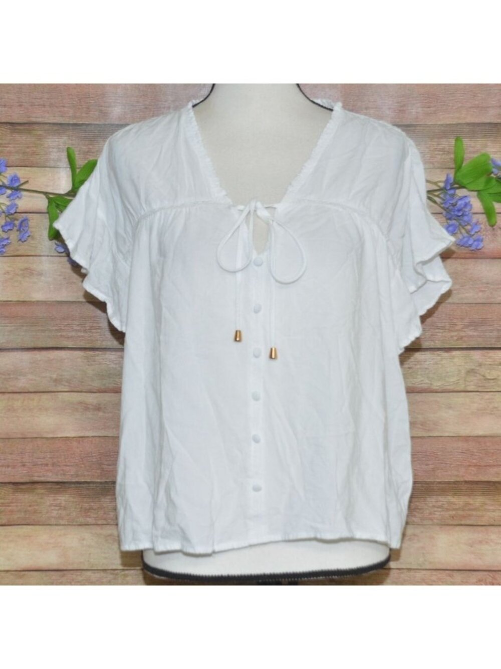 Allie Rose White Top Shirt Faux Button Front Boxy Flutter Sleeve Tie Neck Size S